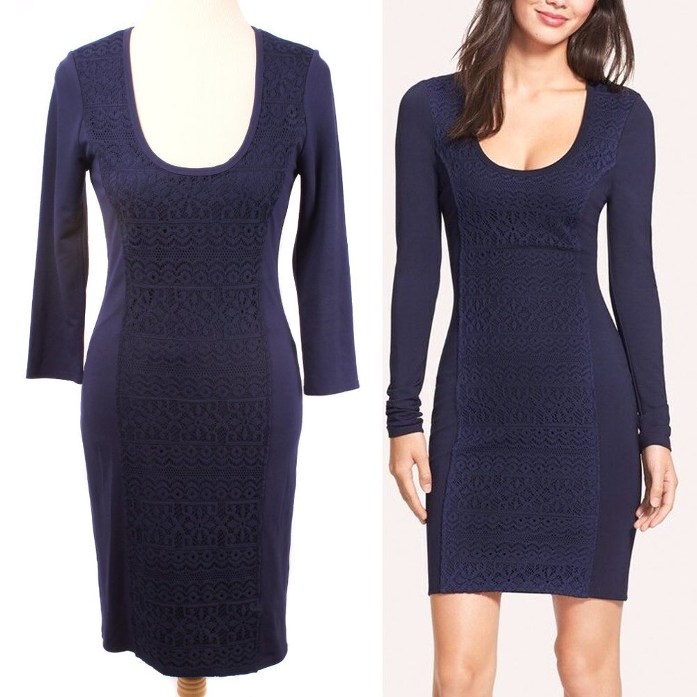 PLENTY BY TRACY REESE Navy Blue Lace Front Panel Fitted Sheath Dress